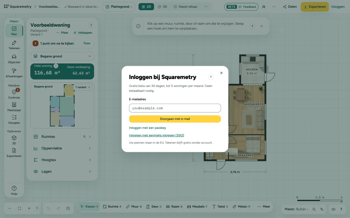 Het venster om in te loggen bij Squaremetry, met het veld voor het e-mailadres.