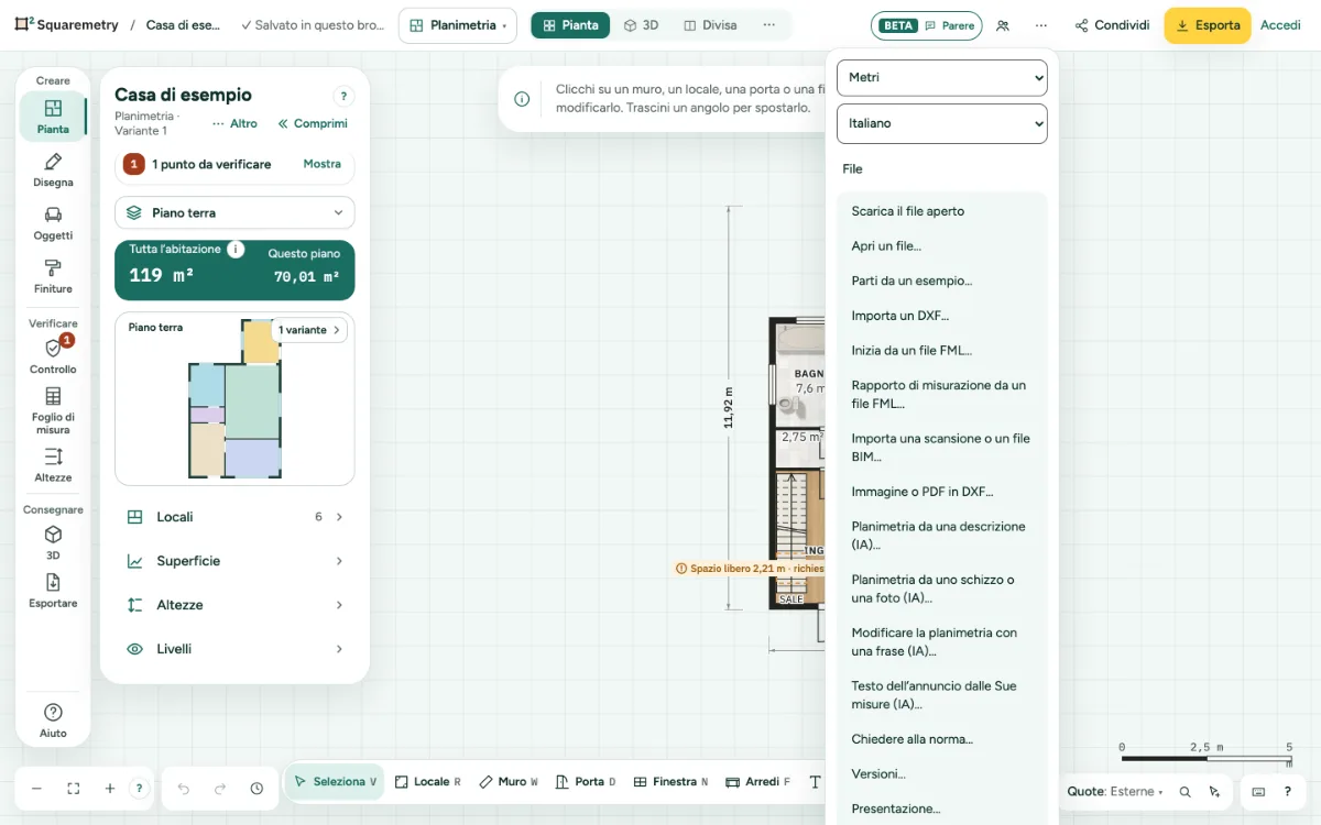 Il menu File aperto sopra la casa di esempio, con Scarica il file aperto e Apri un file.