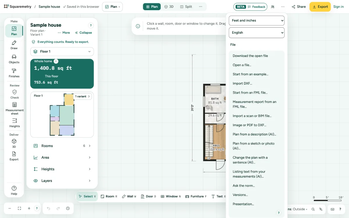 The File menu open over the sample house, with Download the open file and Open a file.