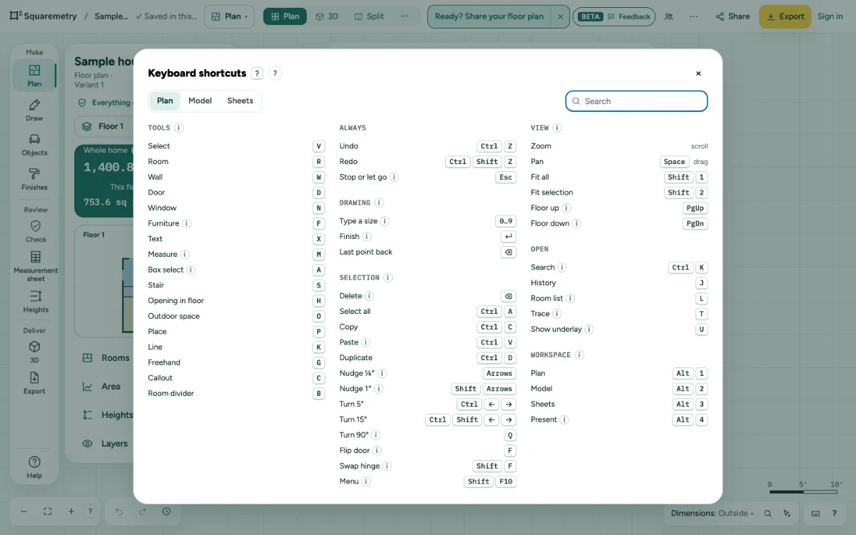 The window Keyboard shortcuts, with the arrow keys to nudge, turning and switching floors.