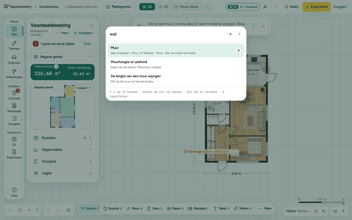 Het zoekvenster met een getypt woord en passend gereedschap met de toetsen erbij.