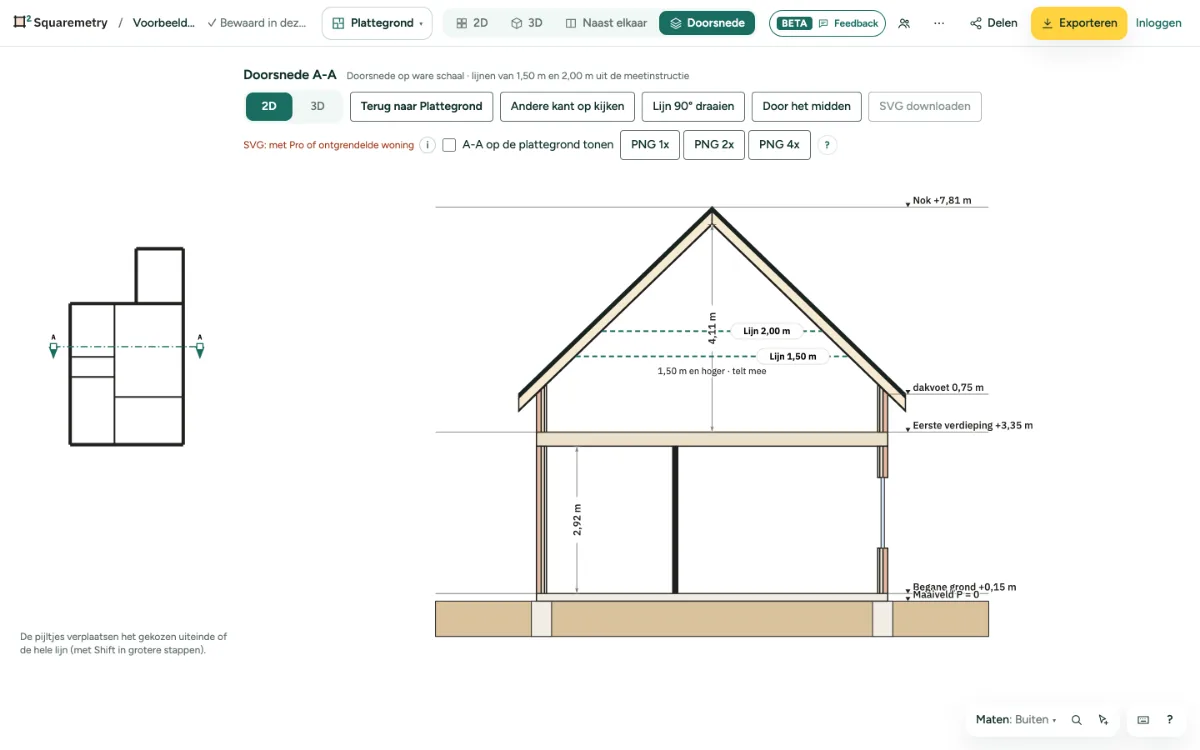 Doorsnede A-A van de voorbeeldwoning, plat en op schaal, met het kleine plan erbij.