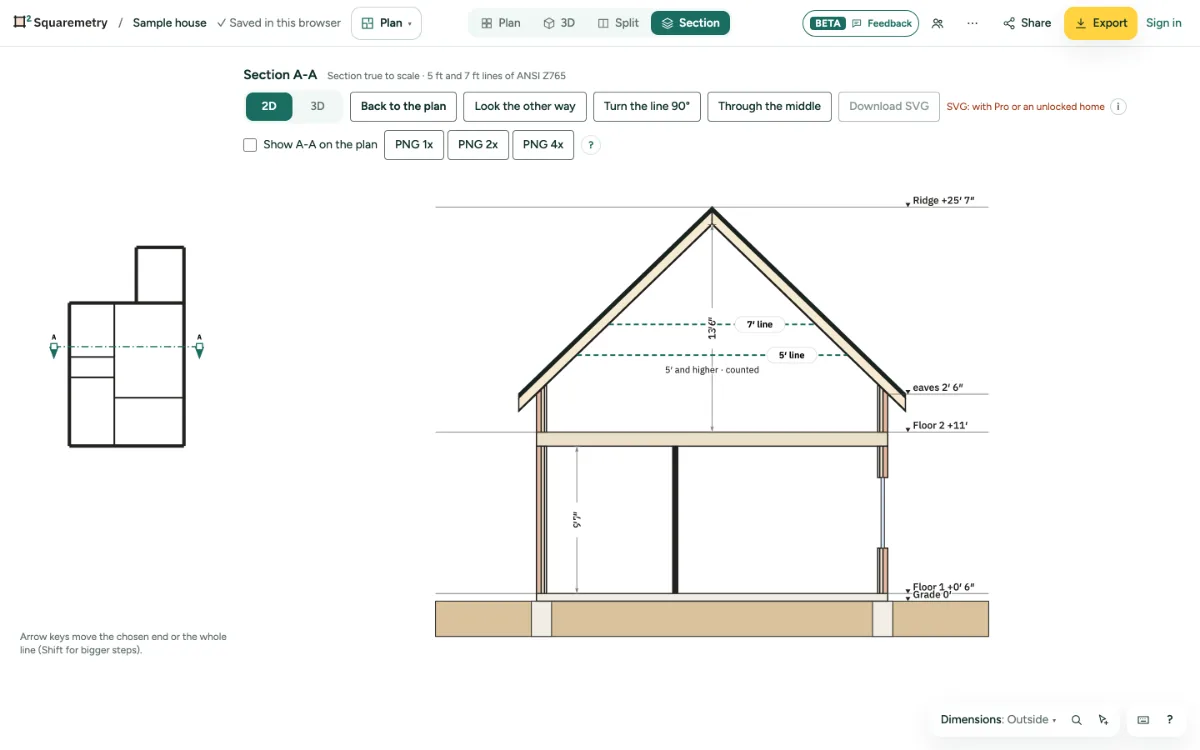 Section A-A of the sample house, flat and to scale, with the key plan.