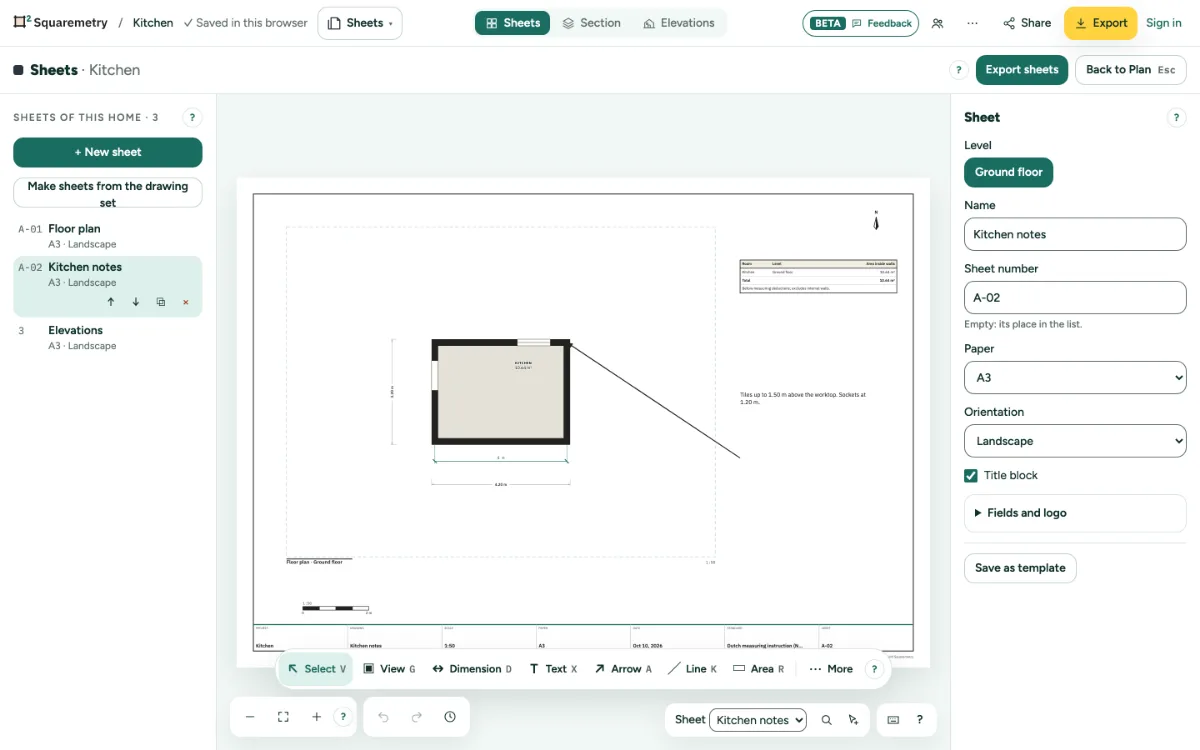 A sheet with a dimension on a wall, a note, an arrow and the table of rooms and areas.