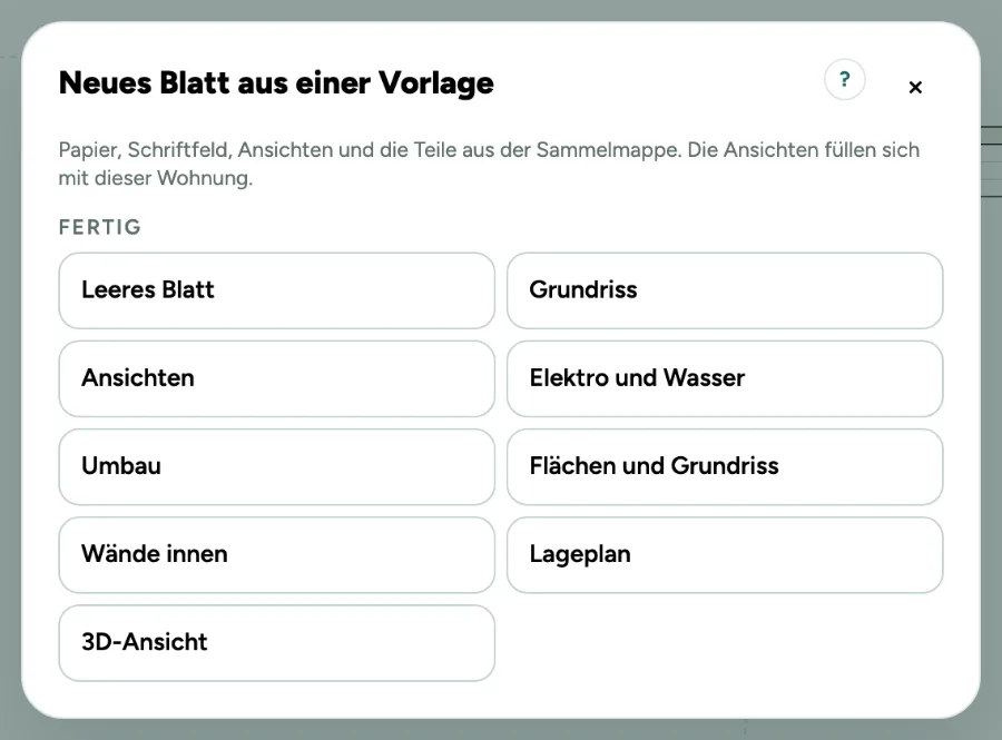 Das Fenster Neues Blatt aus einer Vorlage mit den fertigen Vorlagen und Ihren eigenen.