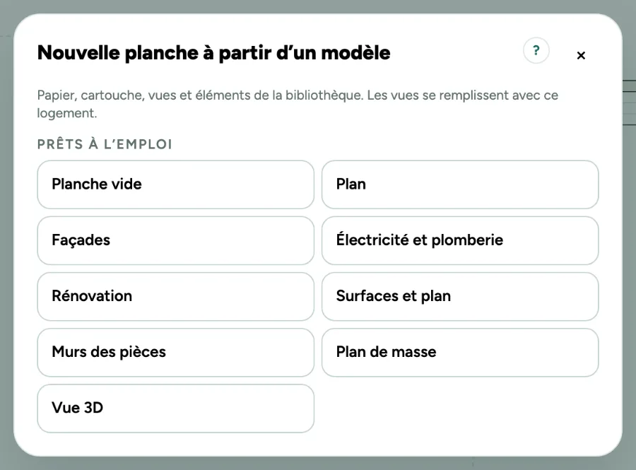La fenêtre Nouvelle planche à partir d’un modèle, avec les modèles prêts à l’emploi et les vôtres.