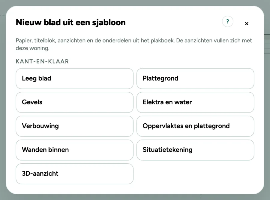 Het venster Nieuw blad uit een sjabloon met de kant-en-klare sjablonen en uw eigen sjablonen.