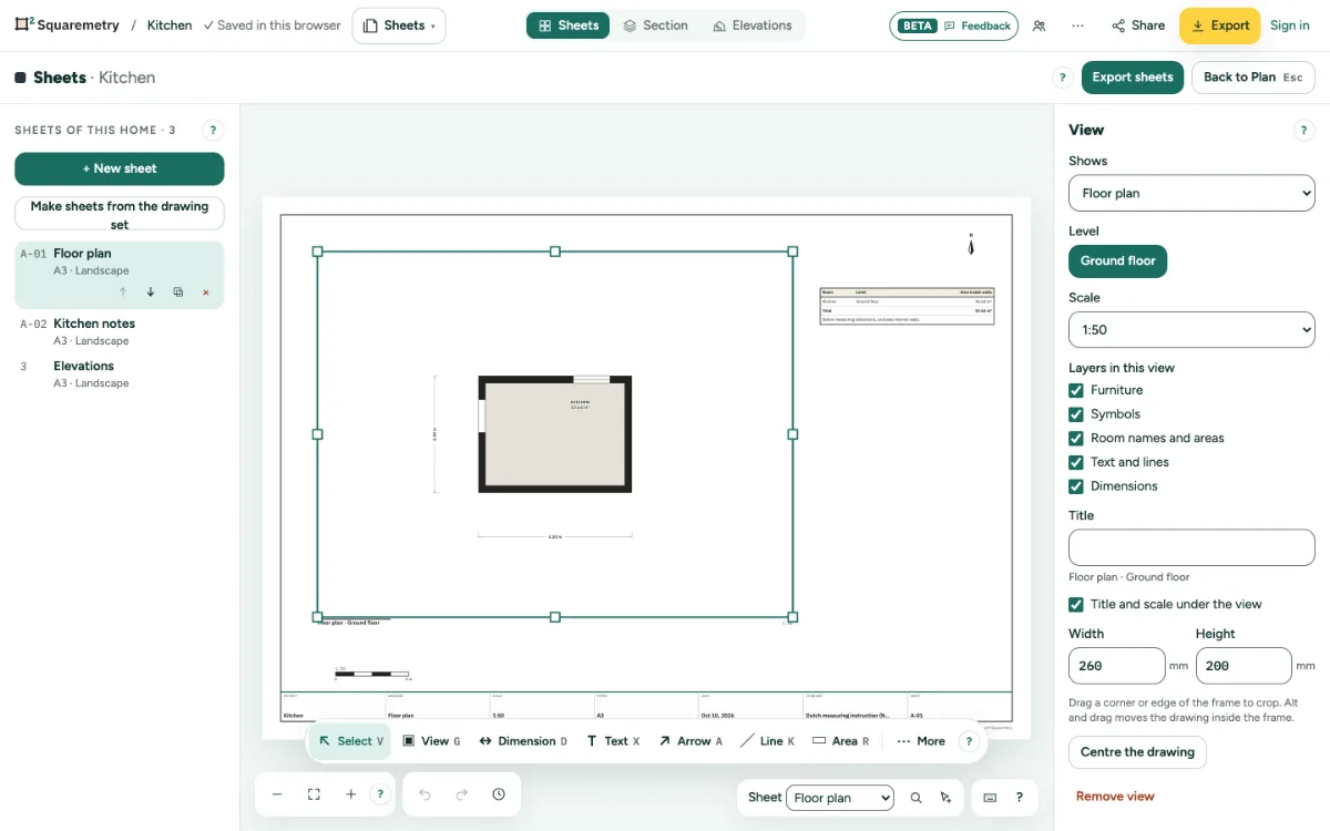 A chosen view on a sheet with its grips, and the view card with what it shows, the scale, the layers and the frame.