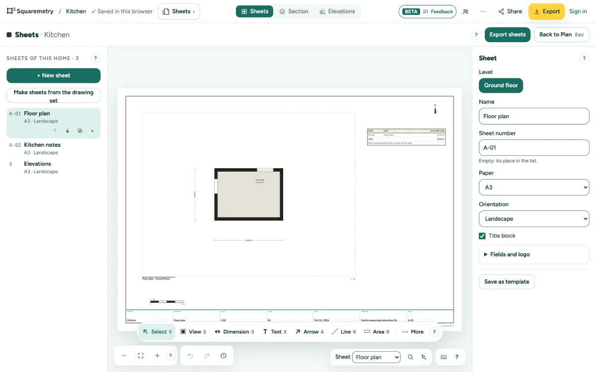 Sheets: the list of sheets on the left, a floor plan sheet with a title block in the middle, the sheet card on the right and the sheet tools below.