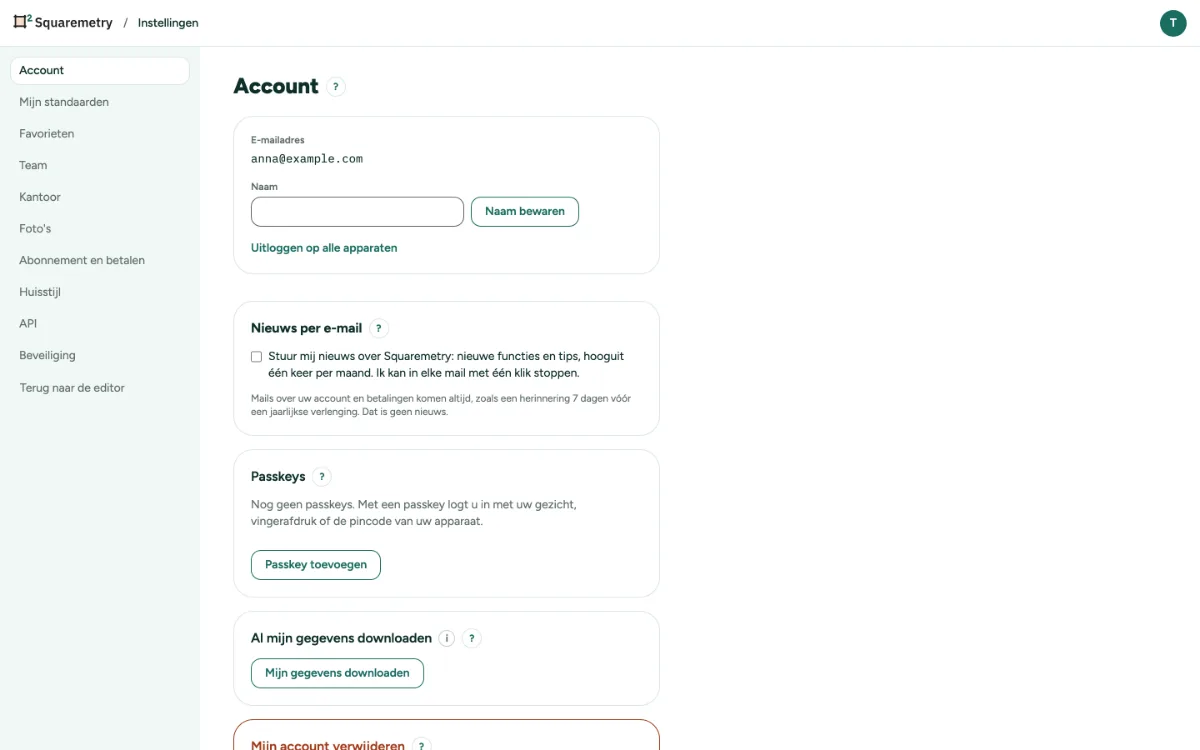 Instellingen, Account, met passkeys, uw gegevens en het verwijderen van uw account.