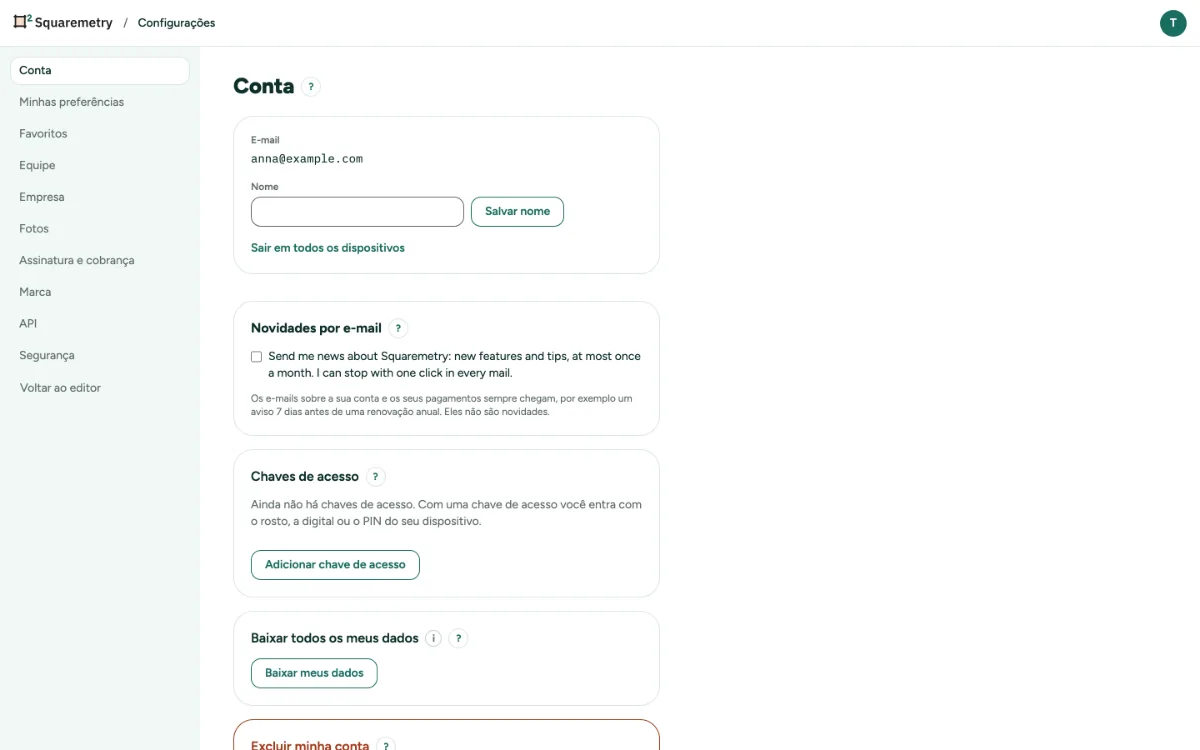 Configurações, Conta, com Chaves de acesso, seus dados e Excluir minha conta.