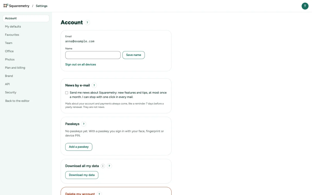 Settings, Account, with Passkeys, your data and Delete my account.