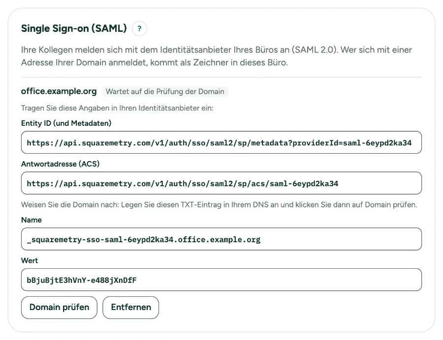 Einstellungen, Team, mit Single Sign-on: unsere Angaben, der TXT-Eintrag und Domain prüfen.