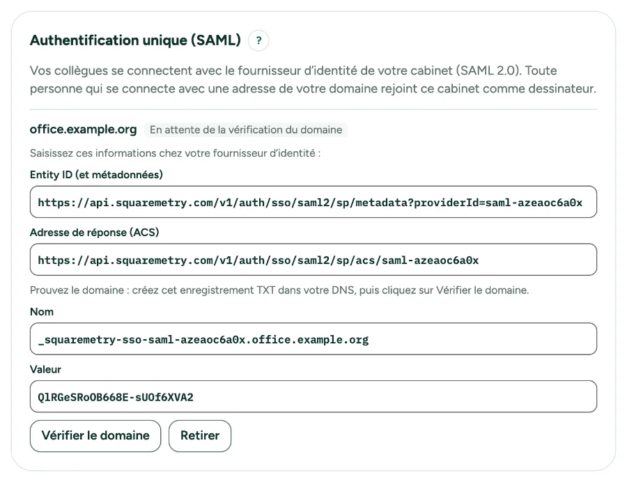 Paramètres, Équipe, avec Authentification unique : nos informations, l’enregistrement TXT et Vérifier le domaine.