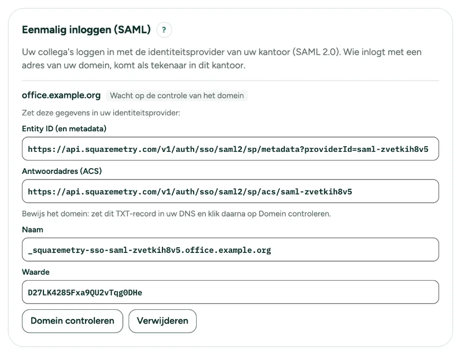 Instellingen, Team, met Eenmalig inloggen: onze gegevens, het TXT-record en Domein controleren.