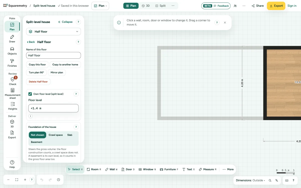 The menu of a half level with Own floor level ticked and the floor level +1.40 m, next to the plan.