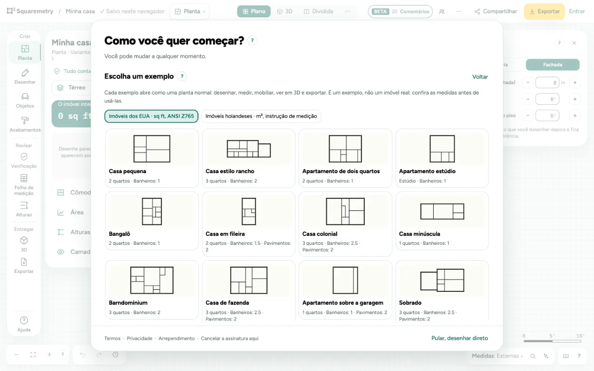 A tela inicial em Escolher um exemplo: casas dos EUA e casas dos Países Baixos, cada exemplo com uma pequena planta, os quartos, os banheiros e os pavimentos.