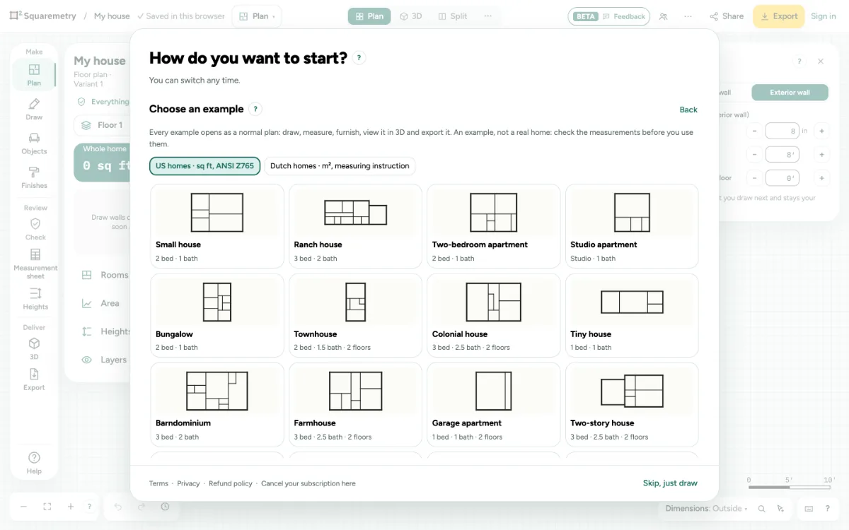 The start screen showing Choose an example: US homes and Dutch homes, each example with a small plan, its bedrooms, baths and floors.