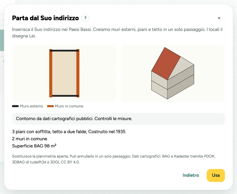Parta da un indirizzo: il contorno del piano terra con i muri in comune in arancione, una piccola vista 3D con tre piani e un tetto a due falde, e Usa.