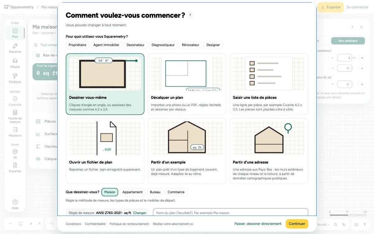 L’écran de démarrage : Comment voulez-vous commencer ?, avec cinq façons de commencer et la règle de mesure.