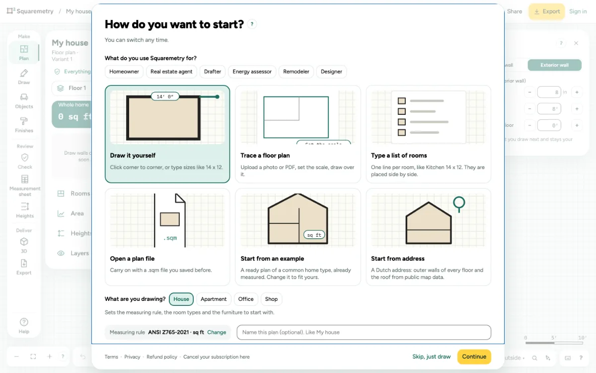 The start screen: How do you want to start?, with five ways to start and the measuring rule.