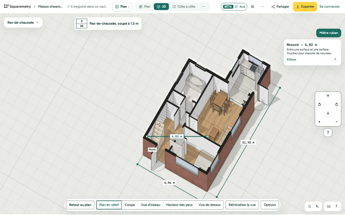La vue 3D avec le mètre ruban entre deux points et sa longueur.