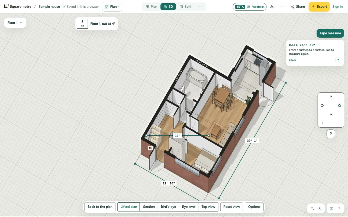 The 3D view with the tape measure between two points and its length.