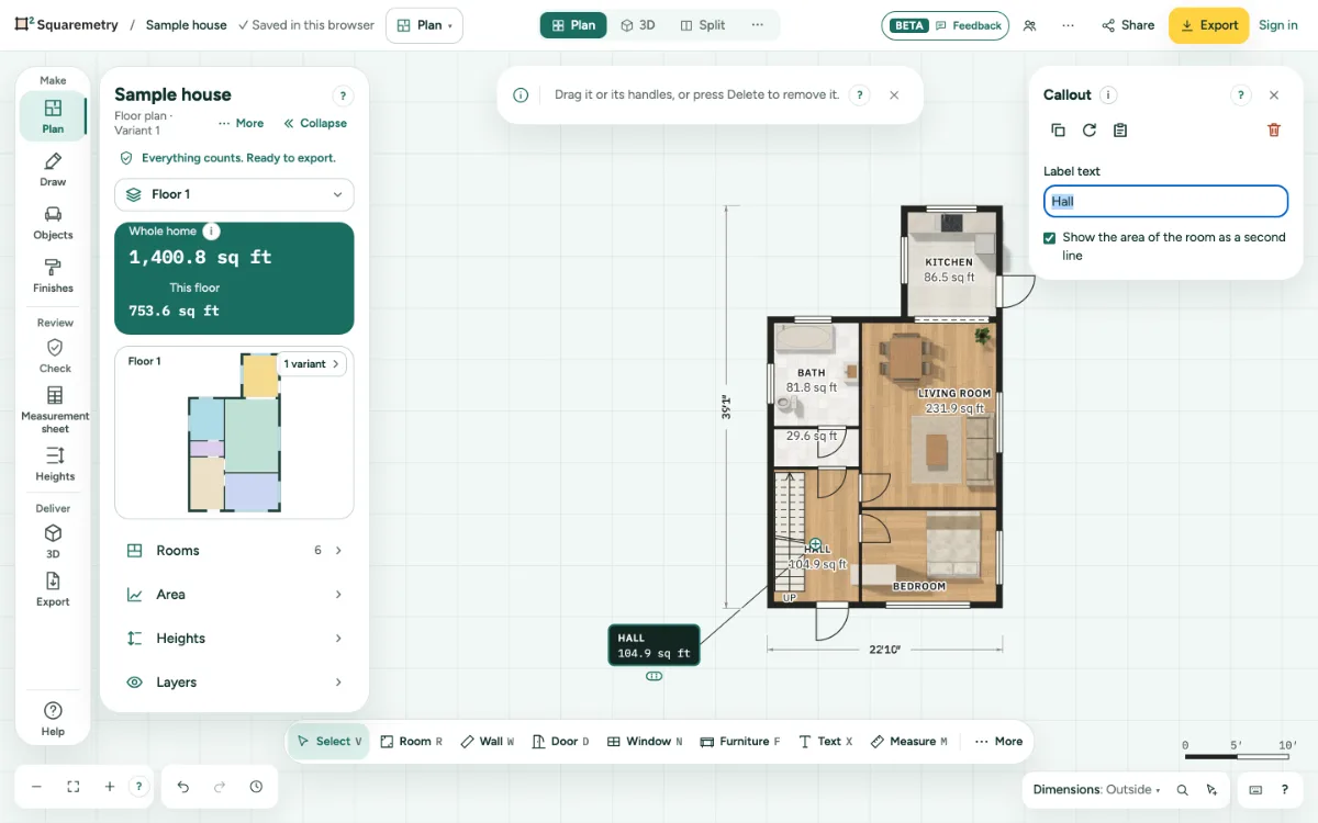 A callout pointing at a room, with the room name and area.