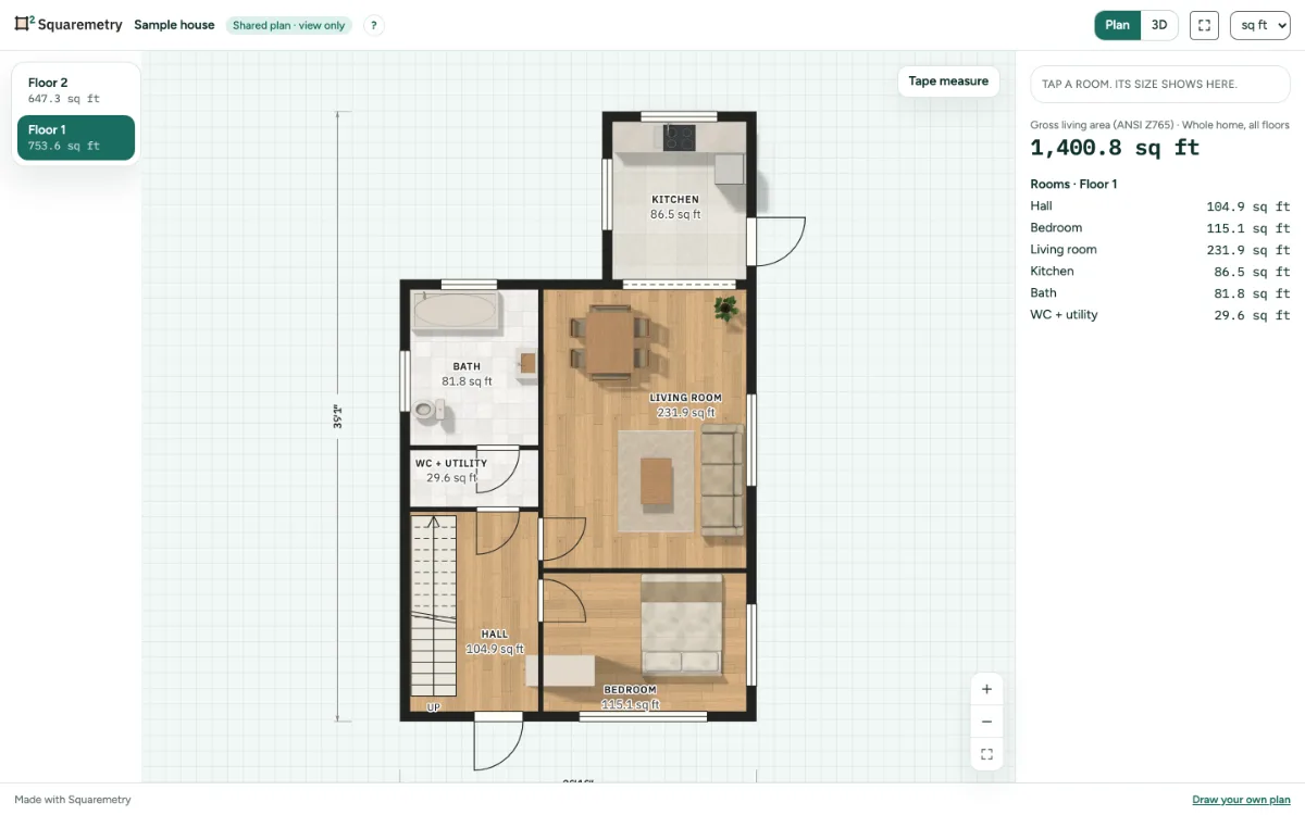 The shared plan page marked view only, with the rooms and the total.