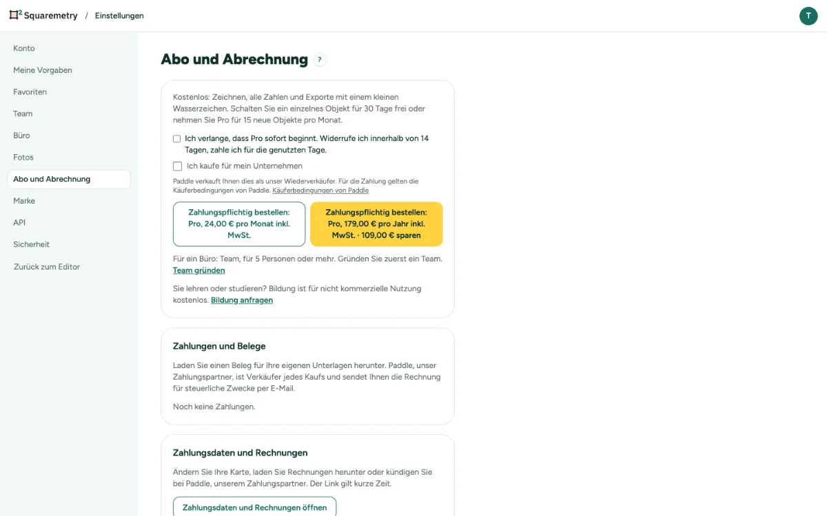 Einstellungen, Abo und Abrechnung, mit Pro im Monat oder im Jahr.