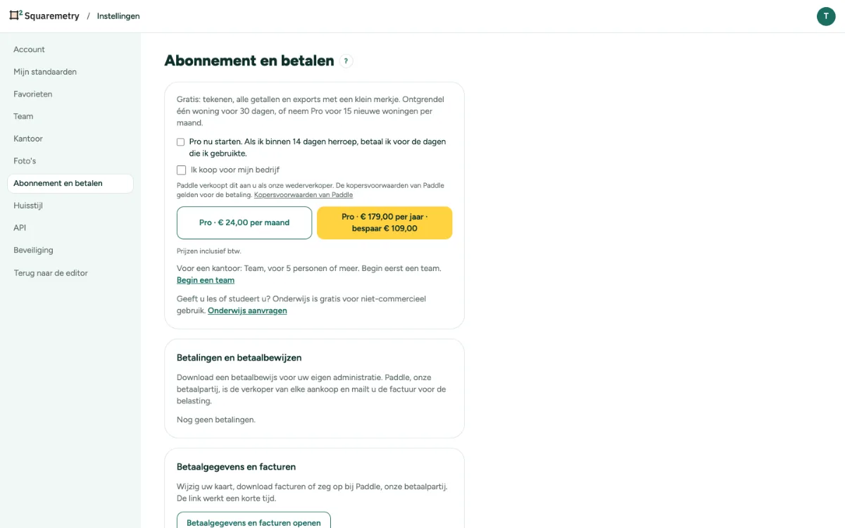 Instellingen, abonnement en betalen, met Pro per maand of per jaar.
