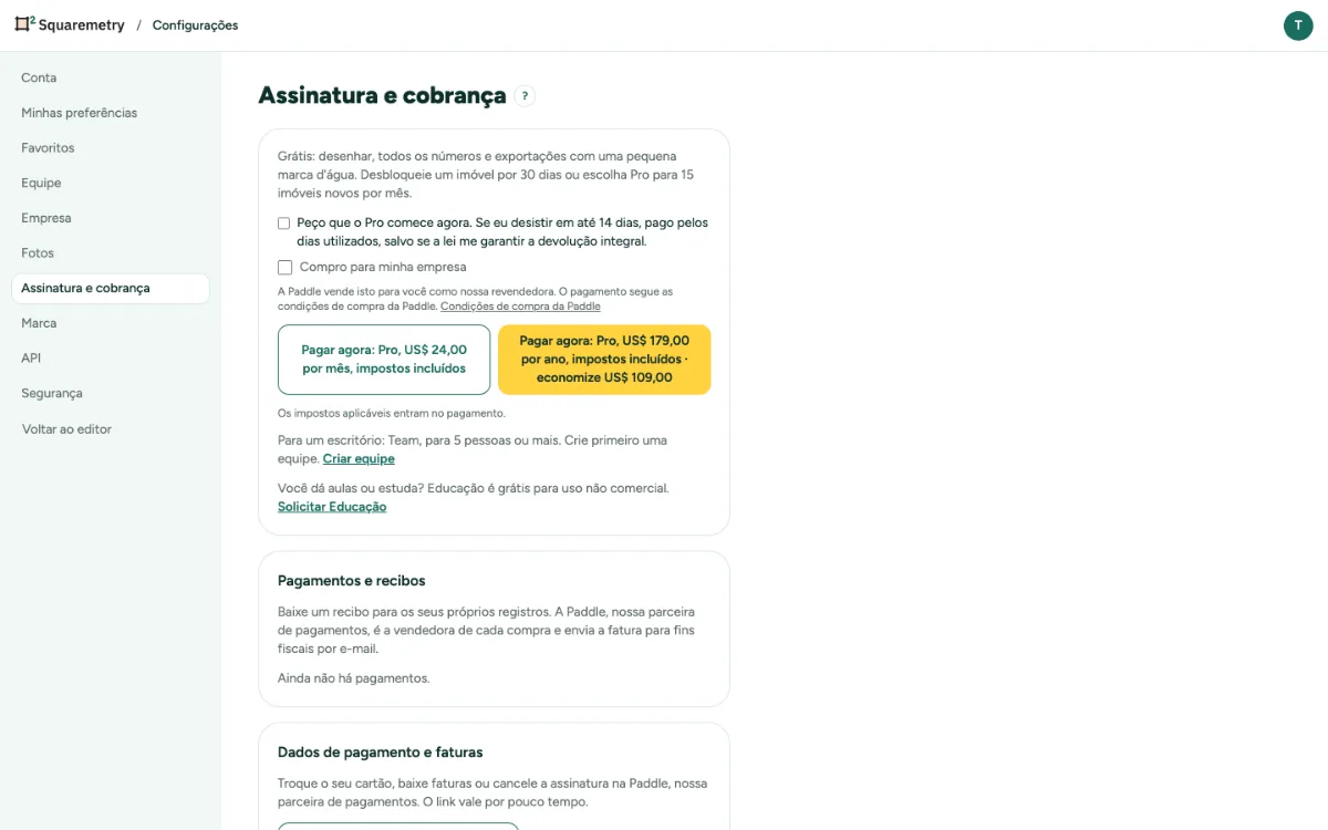 Configurações, Assinatura e cobrança, com o Pro por mês ou por ano.