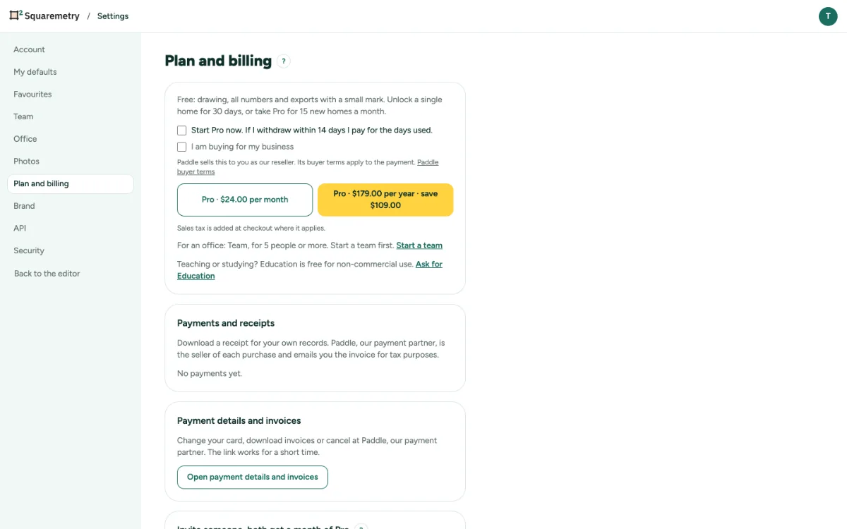 Settings, Plan and billing, with Pro per month or per year.