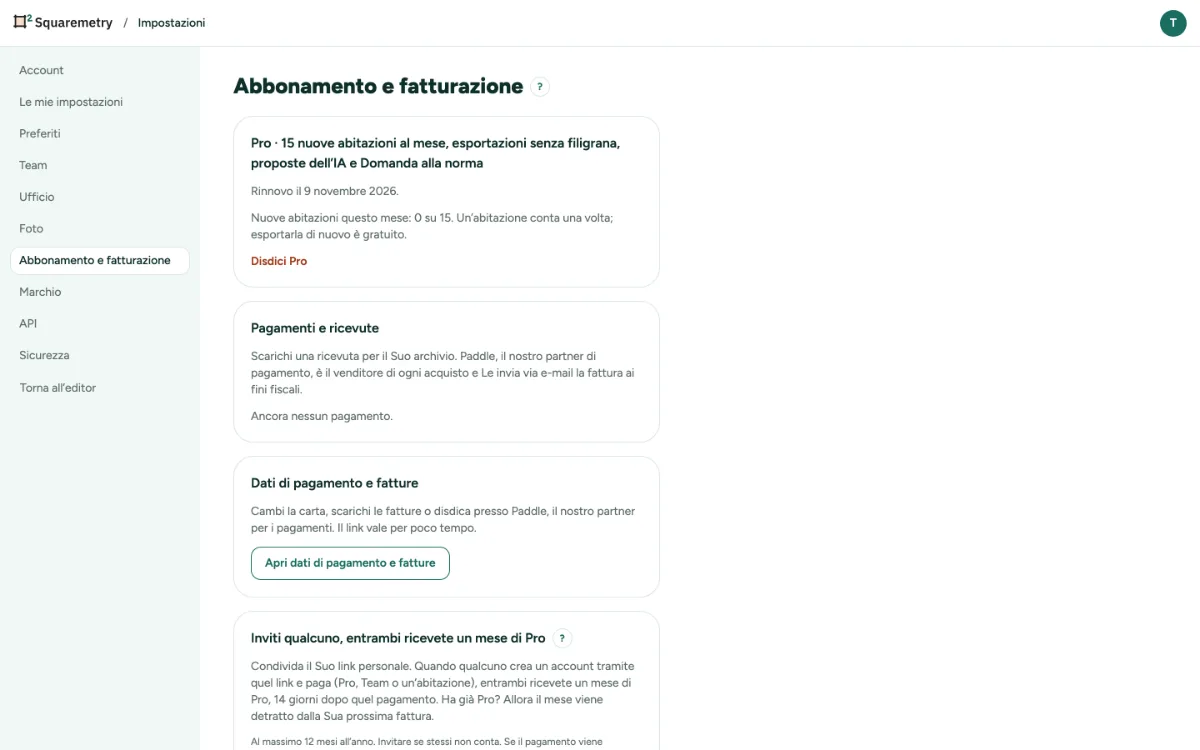 Impostazioni, Abbonamento e fatturazione con Pro: la data di rinnovo e Disdici Pro.