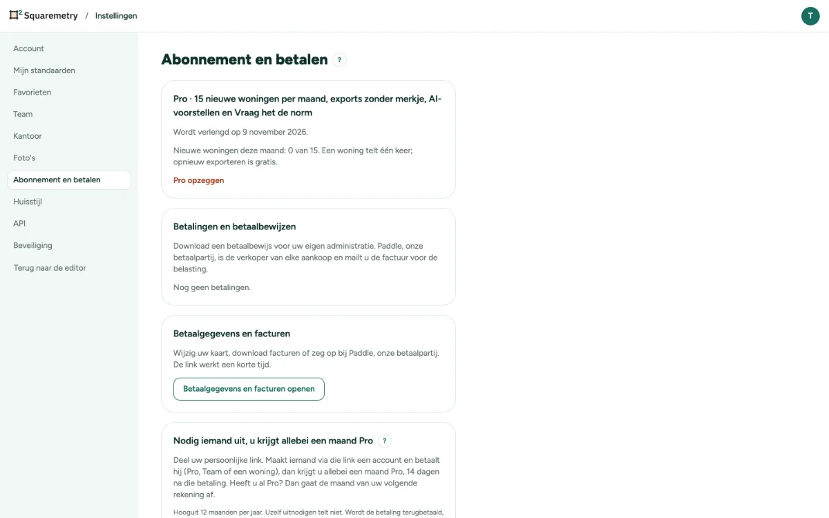 Instellingen, abonnement en betalen met Pro: de datum van verlengen en Pro opzeggen.
