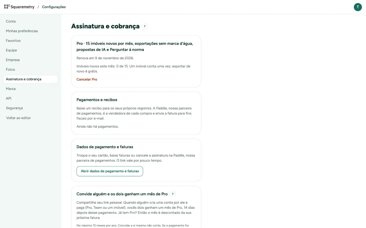 Configurações, Assinatura e cobrança com Pro: a data de renovação e Cancelar Pro.