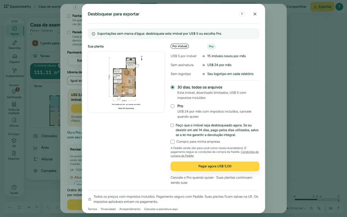 A janela Desbloquear para exportar, com 30 dias, todos os arquivos, ou Pro.