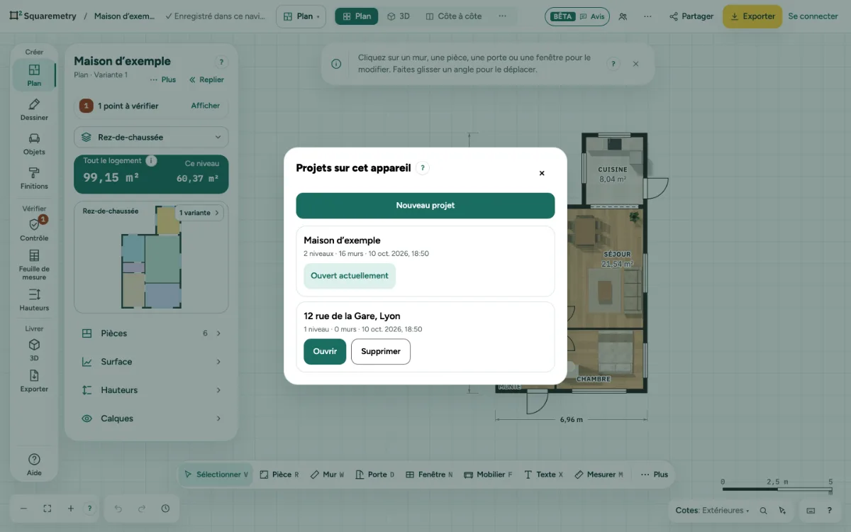La fenêtre des projets sur cet appareil dans l’application, avec Nouveau projet et deux projets ; celui qui est ouvert l’indique.