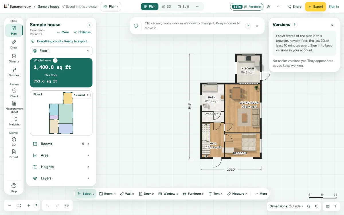 The Versions window of a plan in this browser.