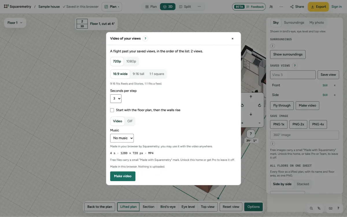 The window Video of your views, with size, shape and seconds per step.