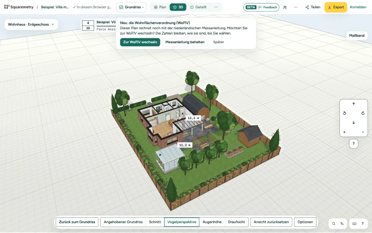 Die Beispielvilla mit Garten in 3D aus der Vogelperspektive: Fassaden aus Ziegel, Türen und Fenster, Dächer und der Garten.