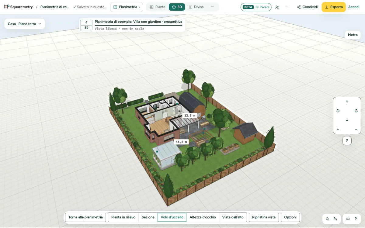 La villa di esempio con giardino in 3D a volo d’uccello: facciate in mattoni, porte e finestre, tetti e il giardino.