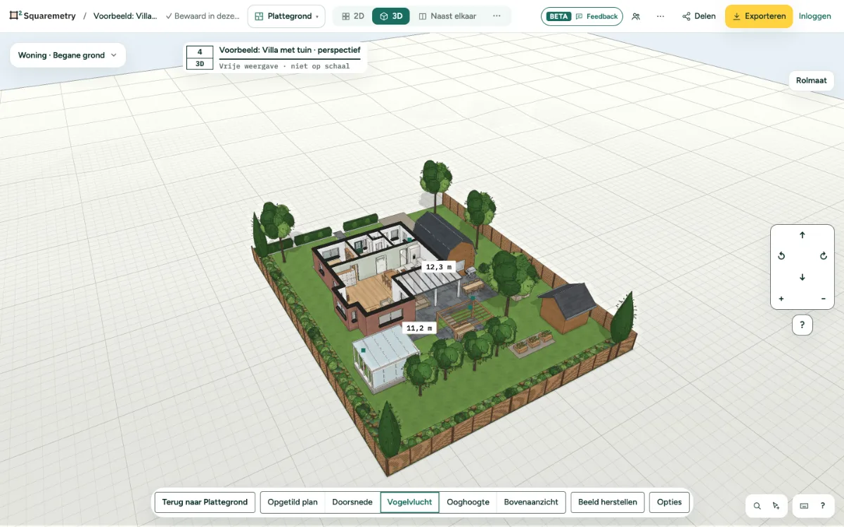 De voorbeeldvilla met tuin in 3D in vogelvlucht: bakstenen gevels, deuren en ramen, daken en de tuin.