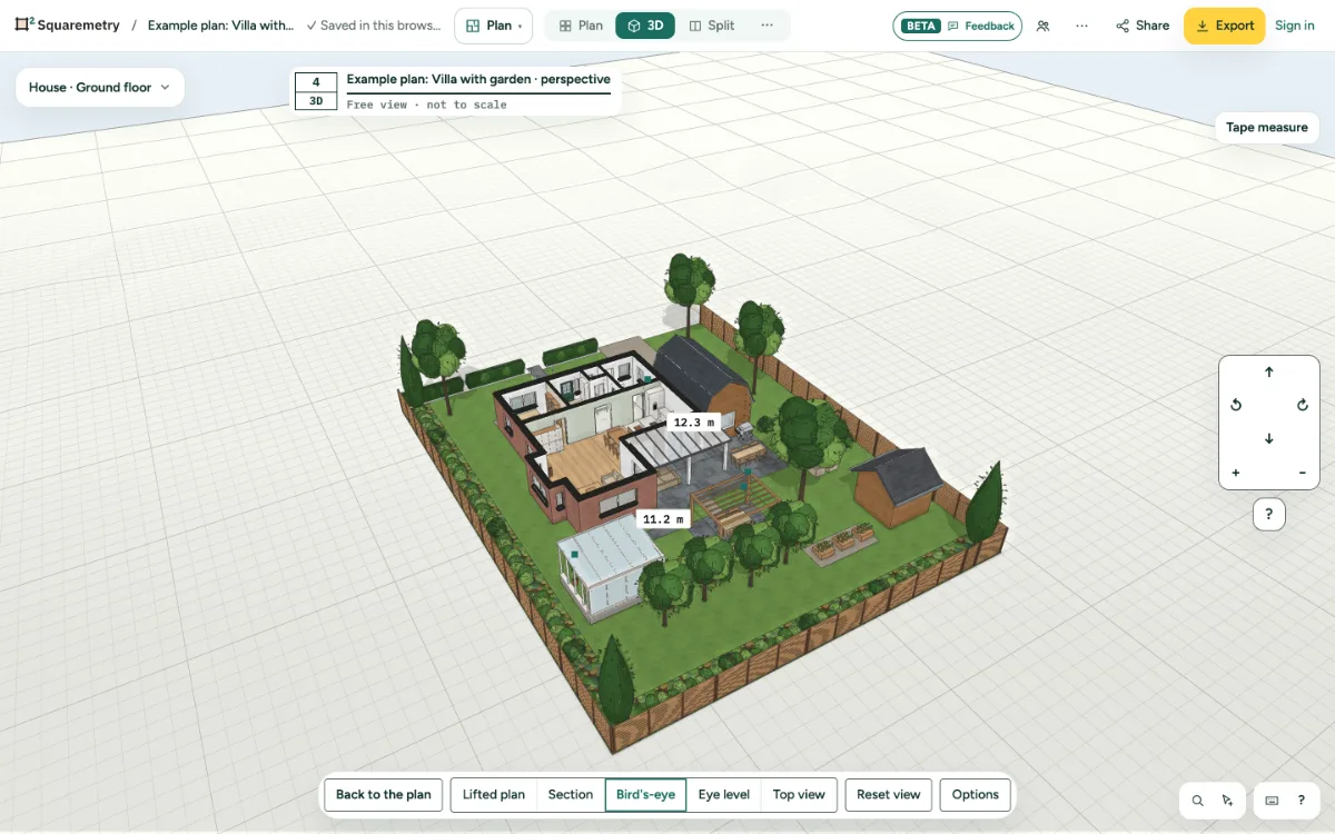 The sample house in 3D as a lifted plan, cut at 4 ft, with the rooms and their areas on the left and the gross living area of 1,400.8 sq ft by ANSI Z765.