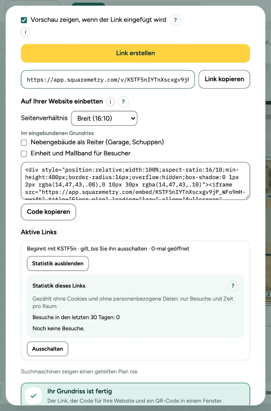 Das Fenster Teilen mit geöffneter Statistik bei einem Ansichtslink.