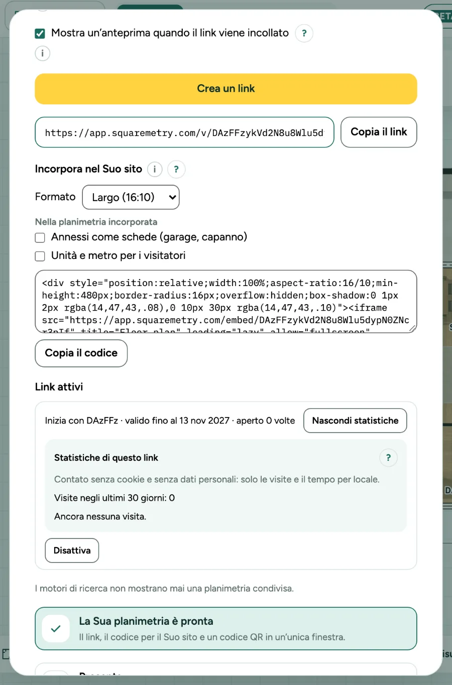 La finestra Condividi con Statistiche aperte accanto a un link di visualizzazione.