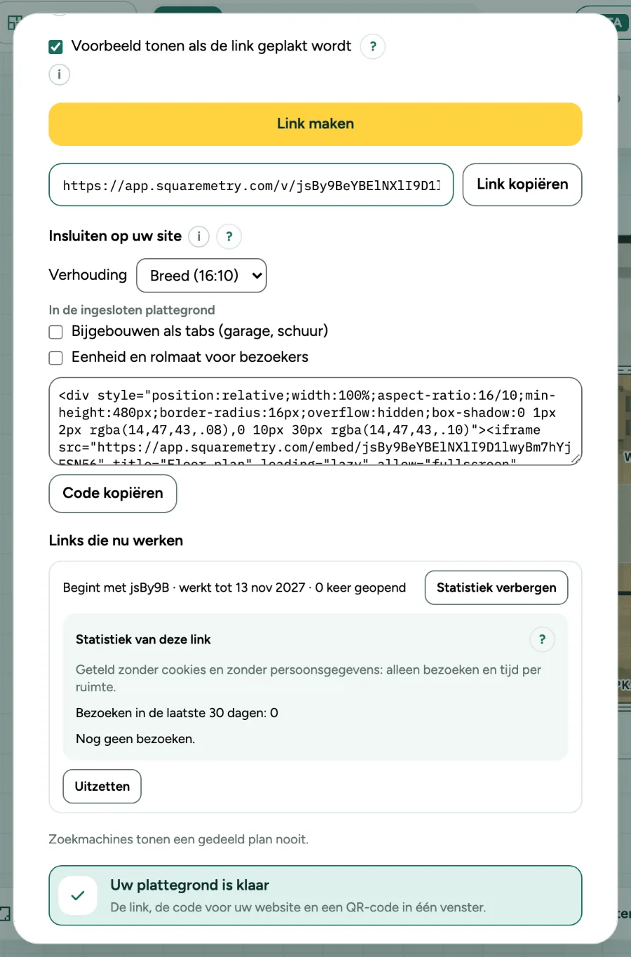 Het venster Delen met de statistiek open bij een kijklink.