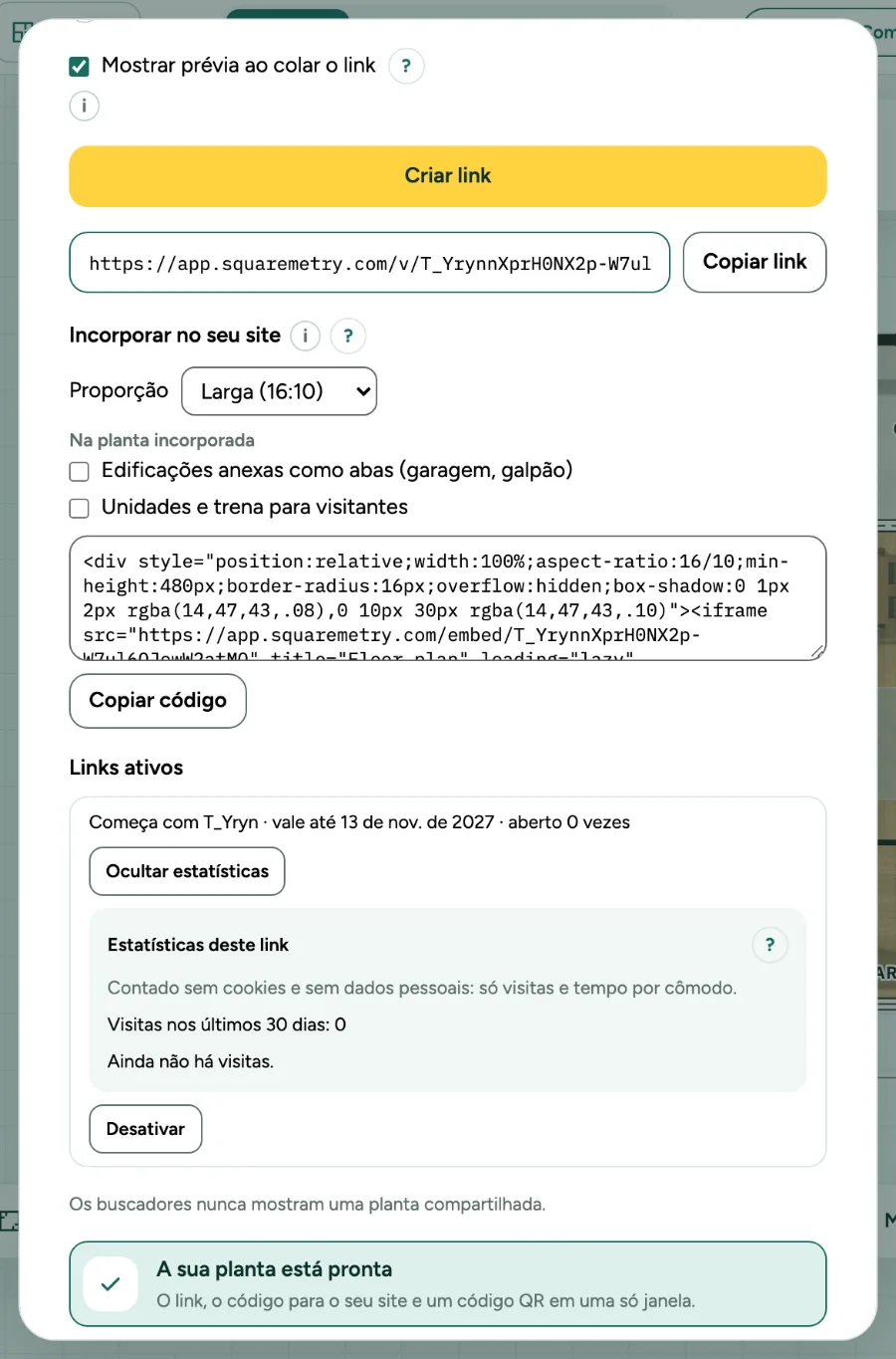 A janela Compartilhar com Estatísticas aberta em um link de visualização.