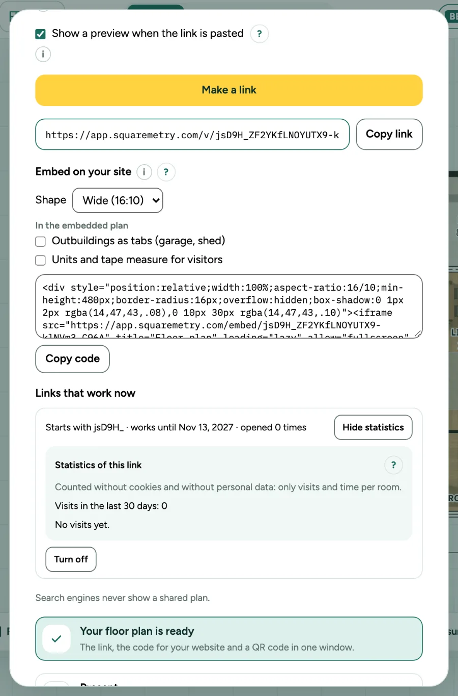 The Share window with Statistics open at a view link.