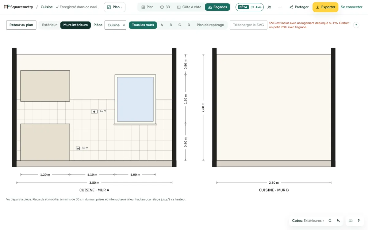 Les quatre murs de la cuisine vus de l’intérieur, avec placards, carrelage, prises et cotes, et le plan de repérage.